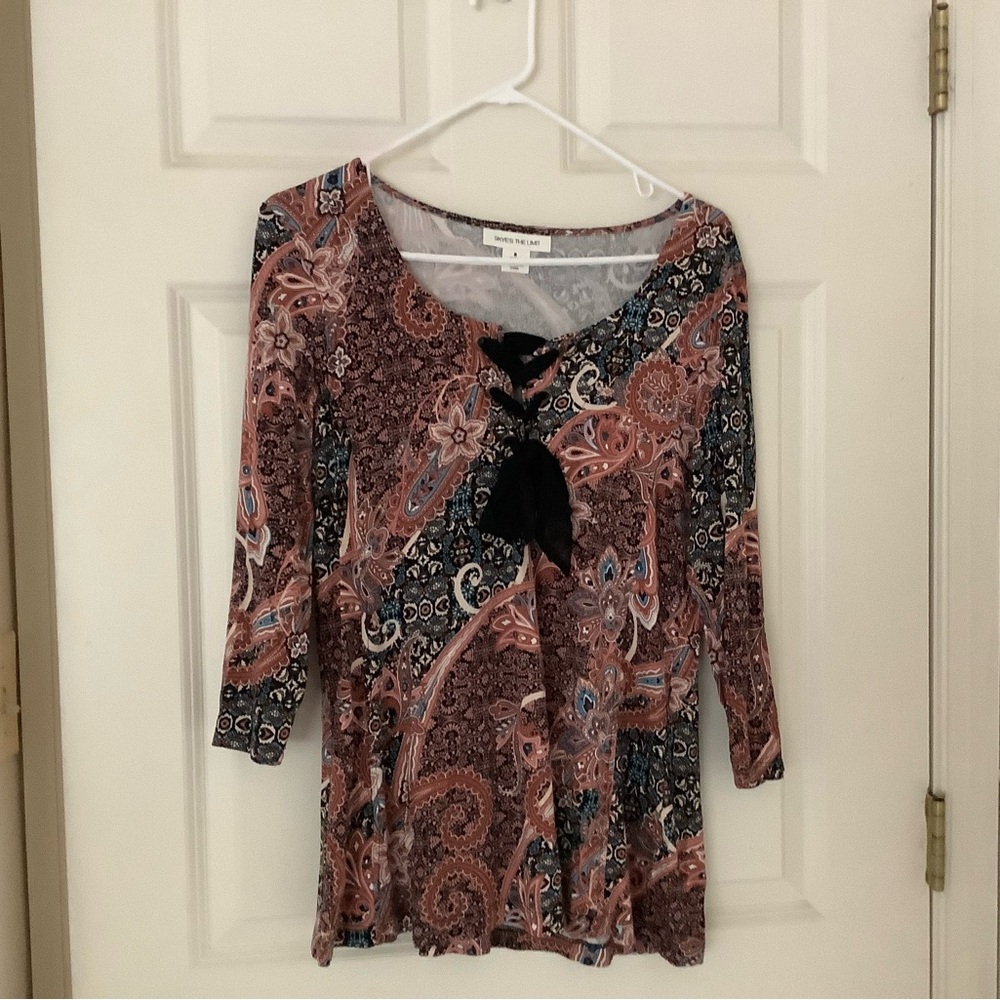 Brown and Orange Tie Front 3/4 Sleeve Blouse